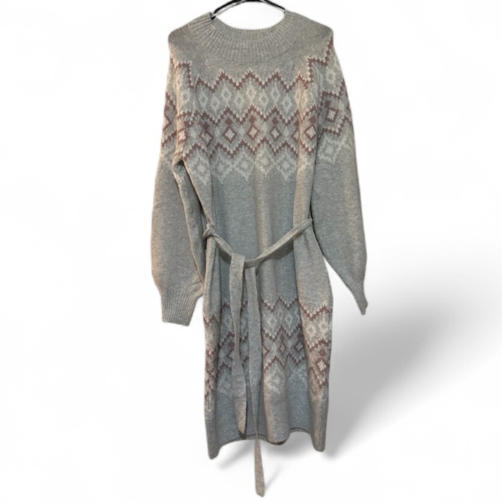 NWT Lucky Brand Gray Aztec Belted Long Sleeve Sweater Dress XL